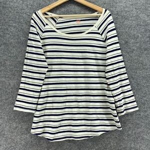 Joe Fresh T-Shirt Women L Large White Striped Long Sleeve Round Neck Cotton